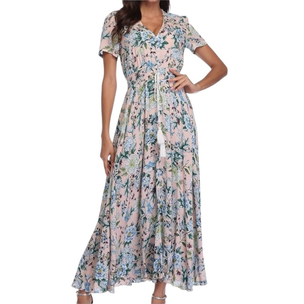 Boutique‎ Womens Pink Floral Midi Dress Button Up Boho Long Beach Dress Medium